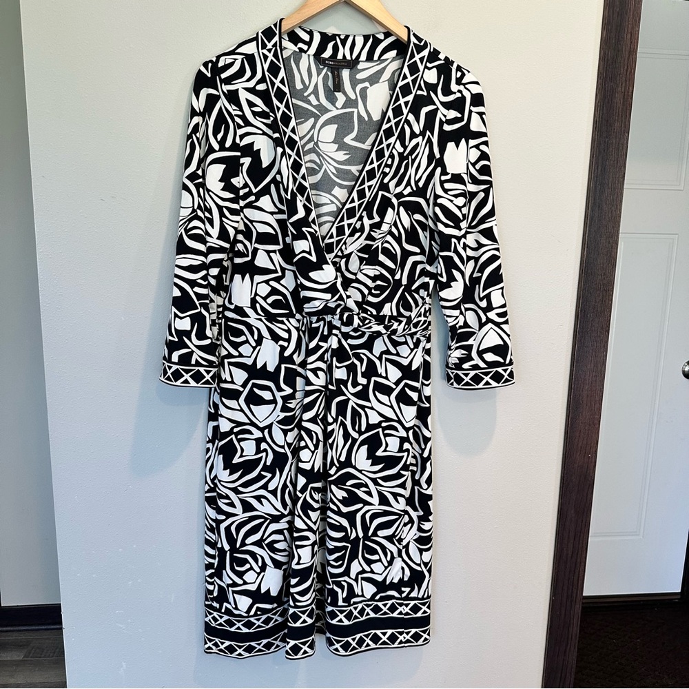 BCBGMaxazria Black White Abstract Leaf Floral Print Quarter Sleeve Stretch Dress